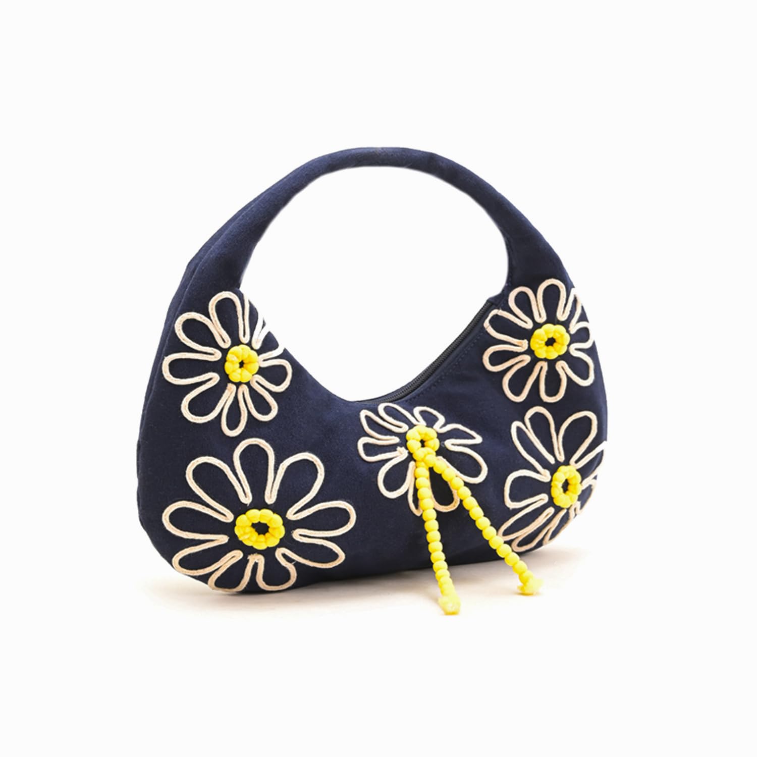 Boho Girl Indigo Blossom Tote Bag – Navy Blue Floral Handbag for Women with Embroidered Flowers, Padded Handle & Ribbon Detail – Chic Shoulder Bag for Travel, Brunch
