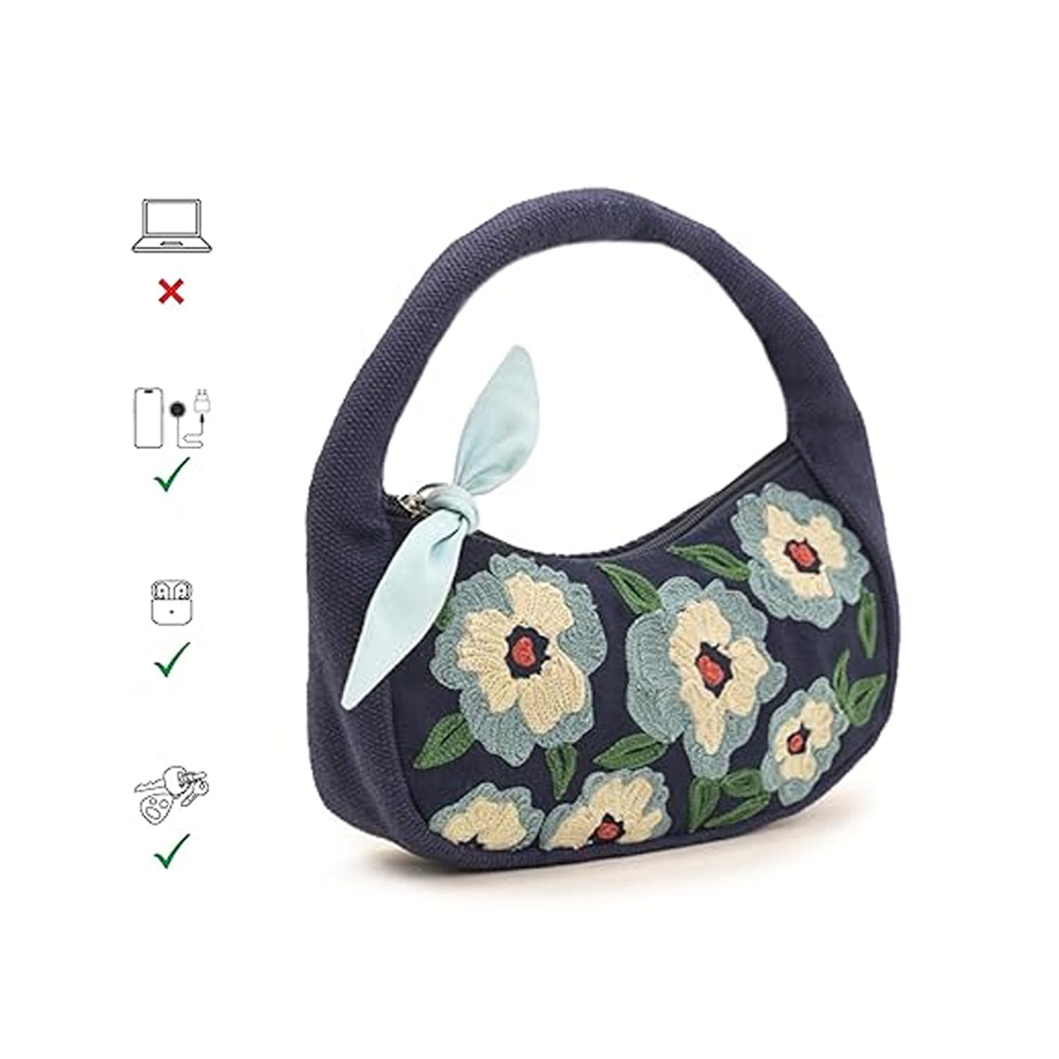 Boho Girl Indigo Blossom Tote Bag – Navy Blue Floral Handbag for Women with Embroidered Flowers, Padded Handle & Ribbon Detail – Chic Shoulder Bag for Travel, Brunch