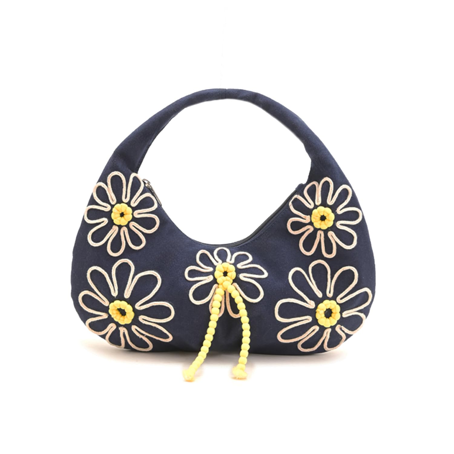 Boho Girl Indigo Blossom Tote Bag – Navy Blue Floral Handbag for Women with Embroidered Flowers, Padded Handle & Ribbon Detail – Chic Shoulder Bag for Travel, Brunch