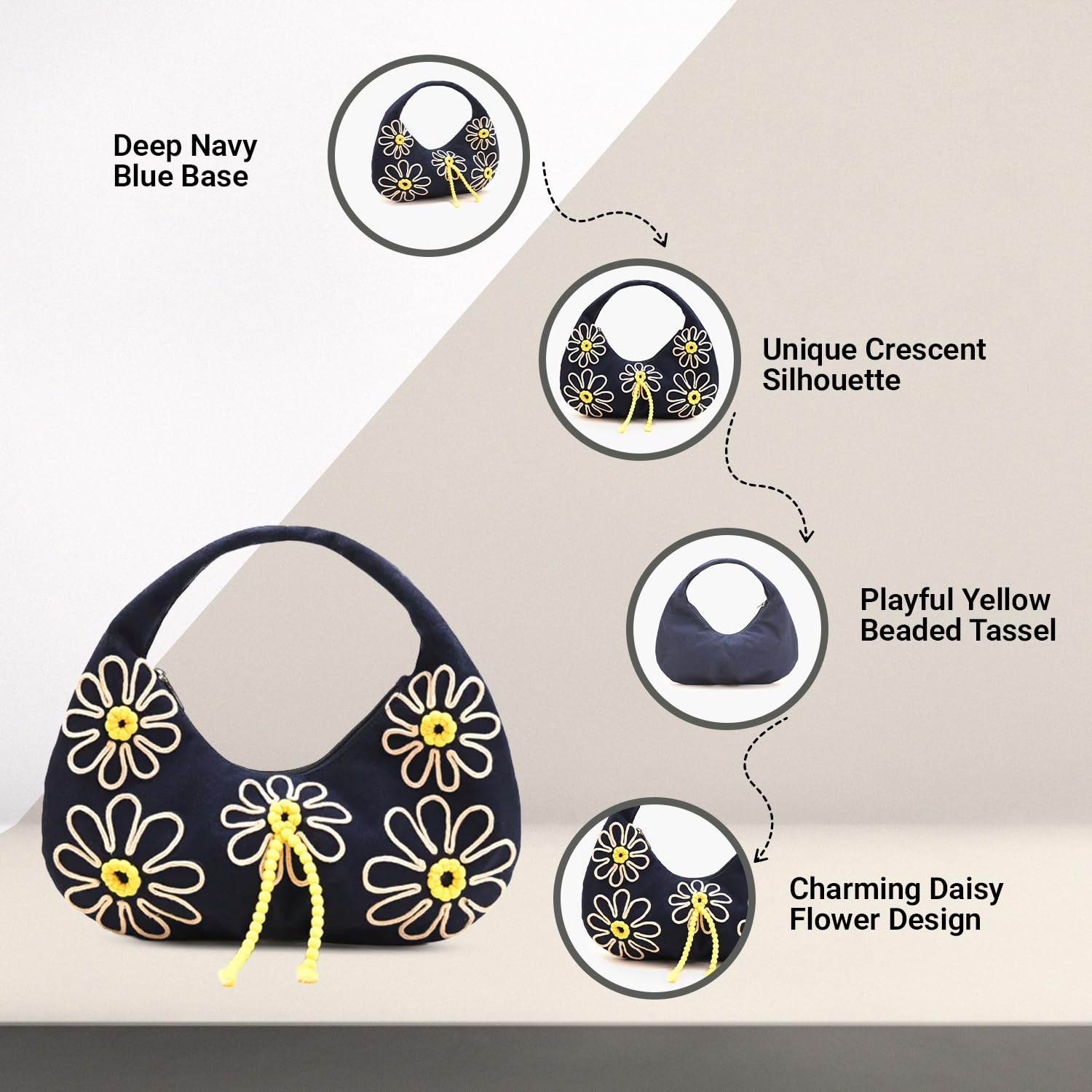 Boho Girl Indigo Blossom Tote Bag – Navy Blue Floral Handbag for Women with Embroidered Flowers, Padded Handle & Ribbon Detail – Chic Shoulder Bag for Travel, Brunch