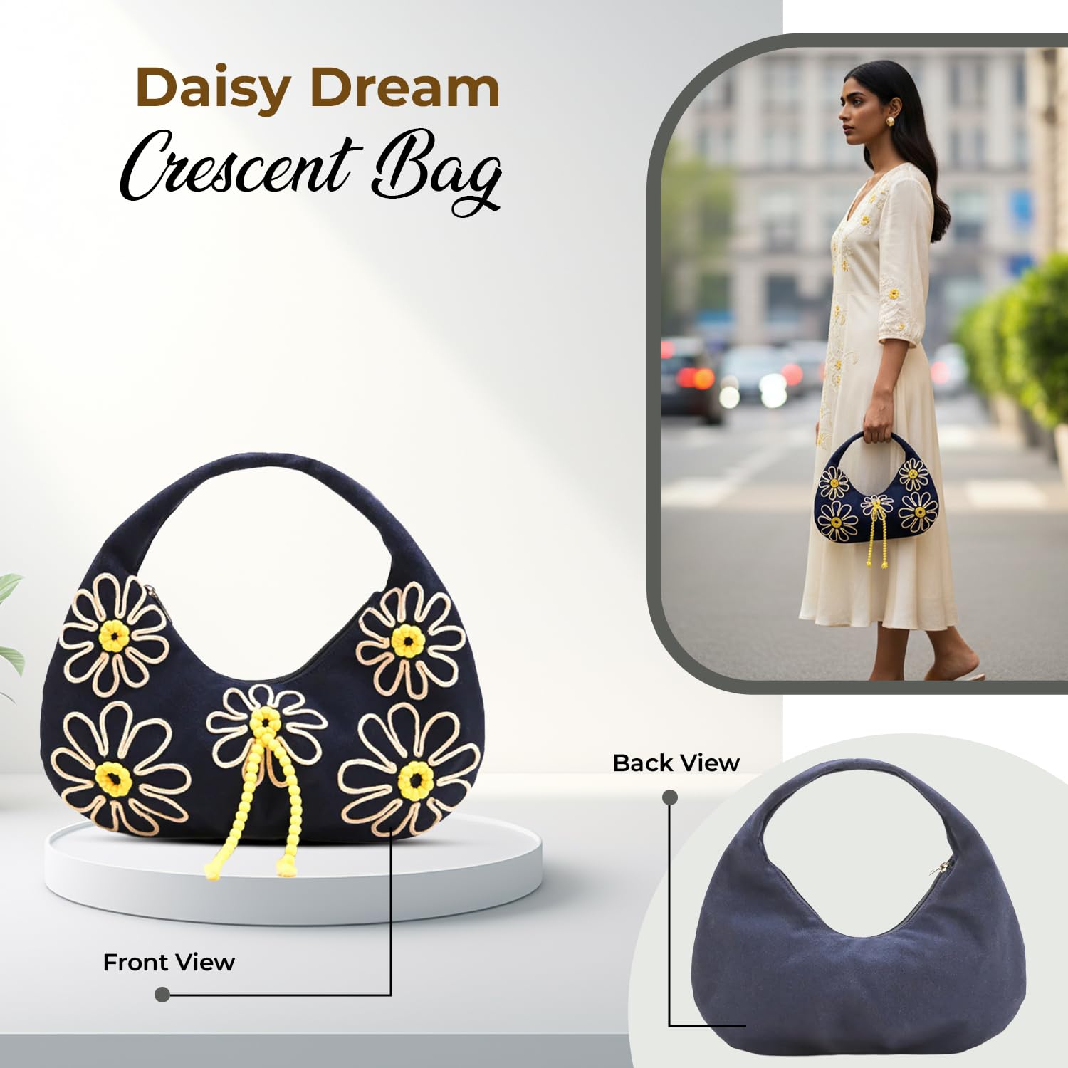 Boho Girl Indigo Blossom Tote Bag – Navy Blue Floral Handbag for Women with Embroidered Flowers, Padded Handle & Ribbon Detail – Chic Shoulder Bag for Travel, Brunch