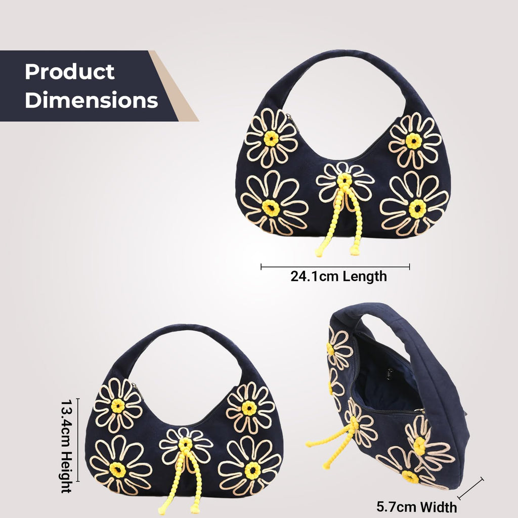 Boho Girl Indigo Blossom Tote Bag – Navy Blue Floral Handbag for Women with Embroidered Flowers, Padded Handle & Ribbon Detail – Chic Shoulder Bag for Travel, Brunch